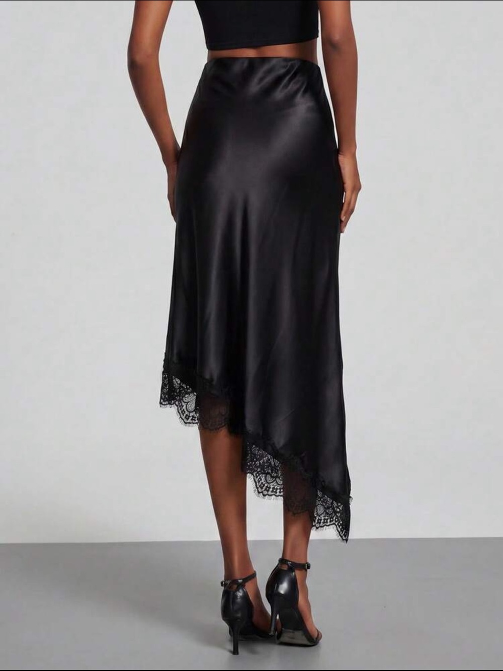 Satin Lace-Trim Asymmetrical High Rise Midi Skirt - Black - Picture 3 of 15